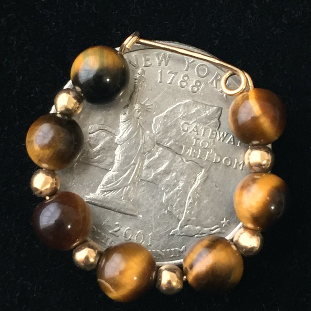 VTG Tiger Eye + Gold HOOP EARRINGS 80s Cat Eye - Picture 4 of 6
